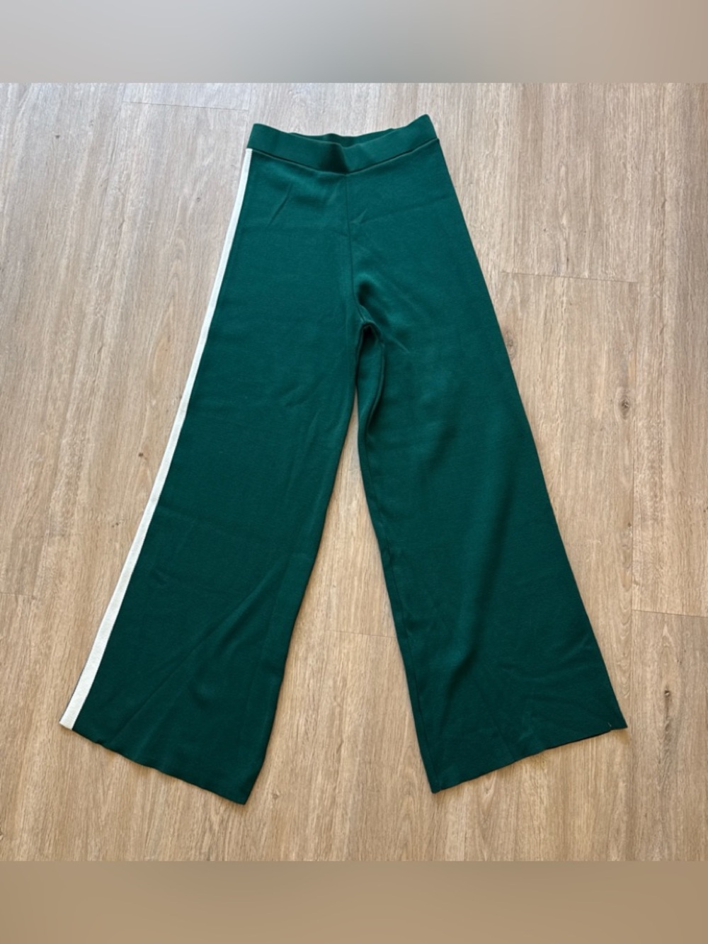 Mango Dark Green Wide-Leg Track Pants with White Side Stripe XS